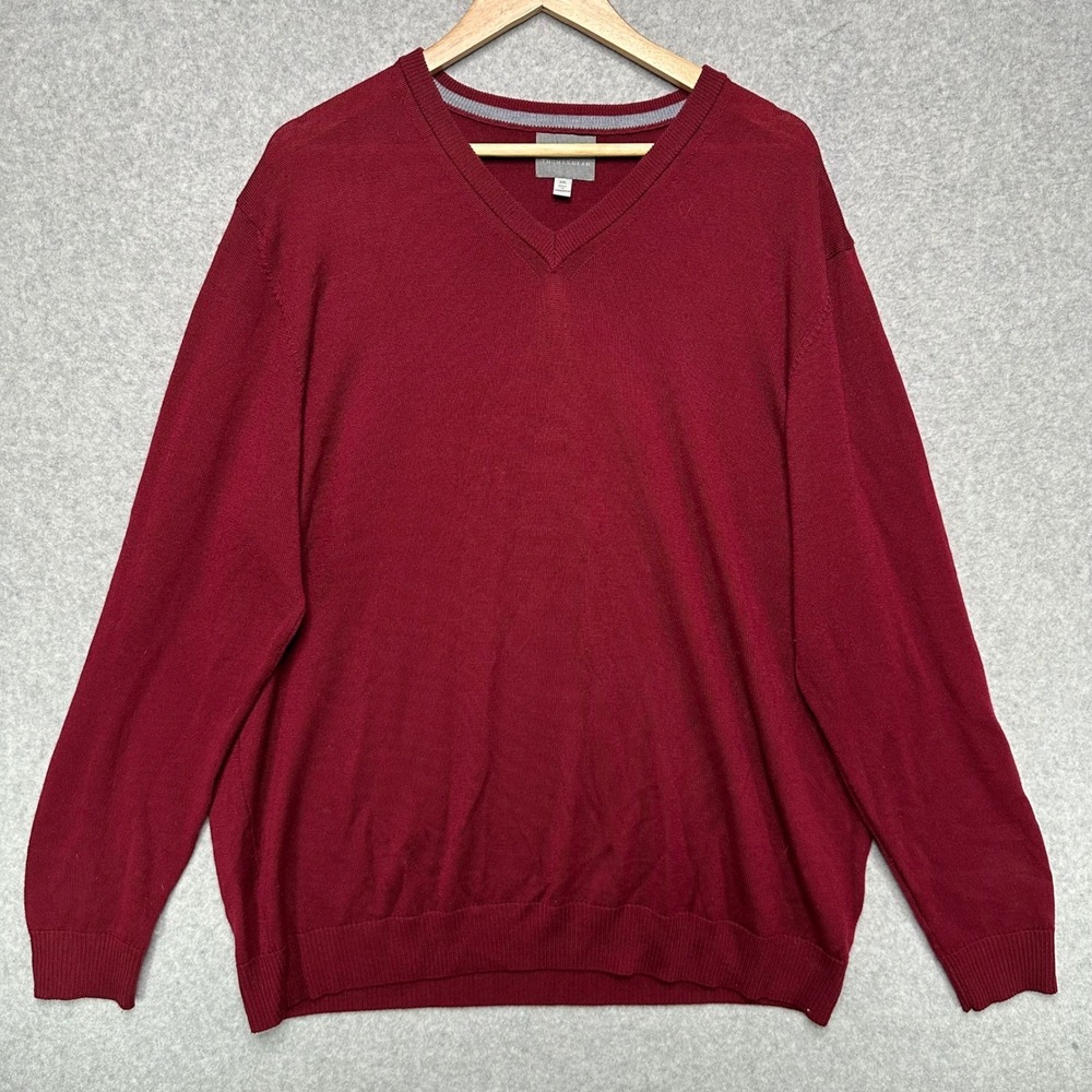 Thomas Dean Mens XXL Burgundy 100% Extra Fine Merino Wool V-Neck Sweater Red - Picture 2 of 7